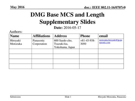 DMG Base MCS and Length Supplementary Slides