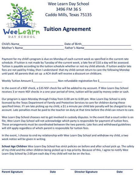 Tuition Agreement Wee Learn Day School 3496 FM 36 S