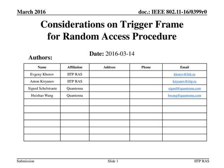 Considerations on Trigger Frame for Random Access Procedure