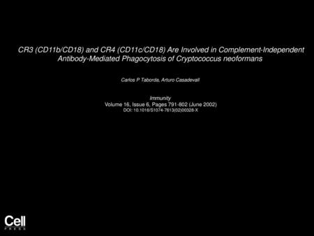 CR3 (CD11b/CD18) and CR4 (CD11c/CD18) Are Involved in Complement-Independent Antibody-Mediated Phagocytosis of Cryptococcus neoformans  Carlos P Taborda,