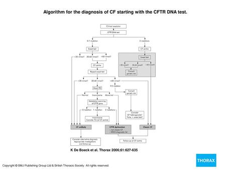 Algorithm for the diagnosis of CF starting with the CFTR DNA test.