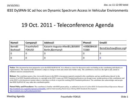 19 Oct Teleconference Agenda