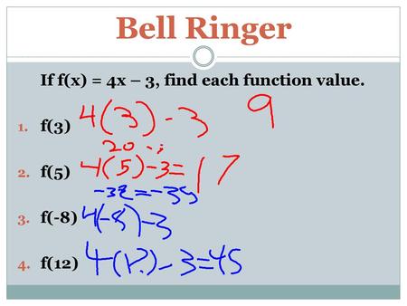 If f(x) = 4x – 3, find each function value.