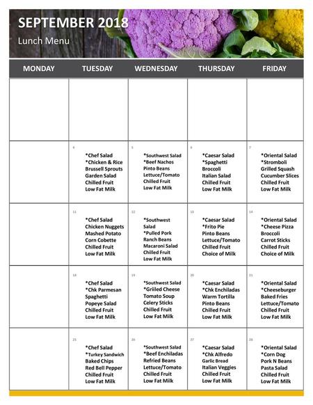 September 2018 Lunch Menu Monday Tuesday Wednesday Thursday Friday