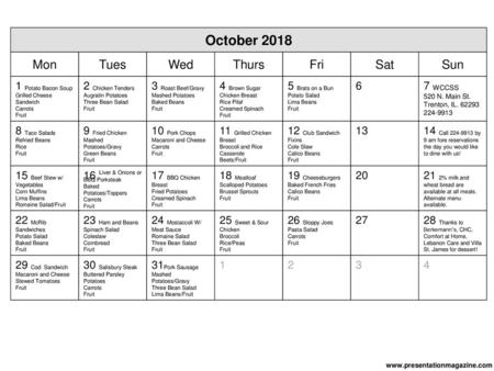 October 2018 Mon Tues Wed Thurs Fri Sat Sun 1 Potato Bacon Soup