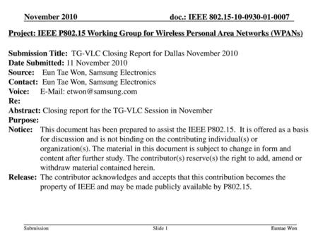 Submission Title: TG-VLC Closing Report for Dallas November 2010