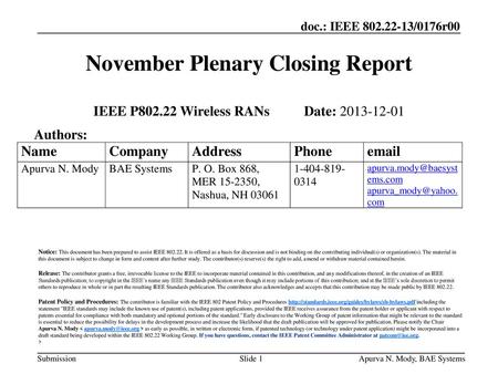 November Plenary Closing Report