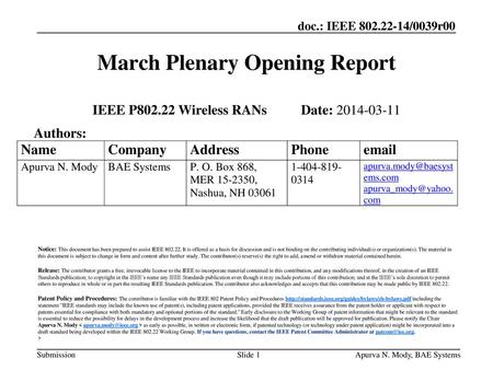 March Plenary Opening Report