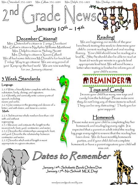 2nd Grade News January 10th – 14th Dates to Remember Reading!