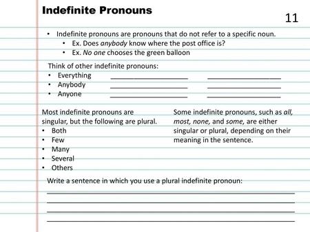 Indefinite Pronouns 11 Indefinite pronouns are pronouns that do not refer to a specific noun. Ex. Does anybody know where the post office is? Ex. No one.