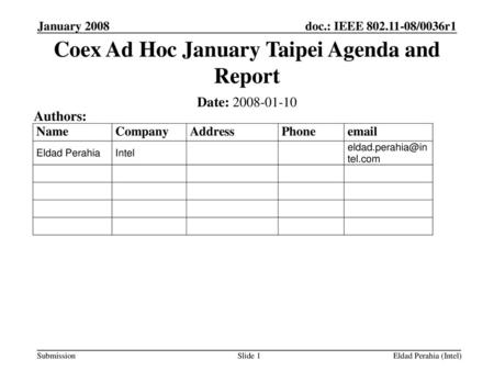 Coex Ad Hoc January Taipei Agenda and Report