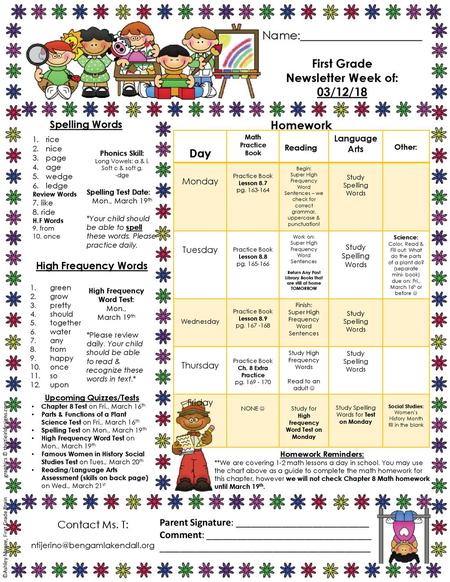 First Grade Newsletter Week of: 03/12/18 Homework