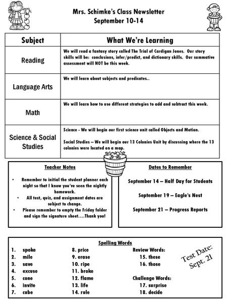 Subject What We’re Learning Mrs. Schimke’s Class Newsletter