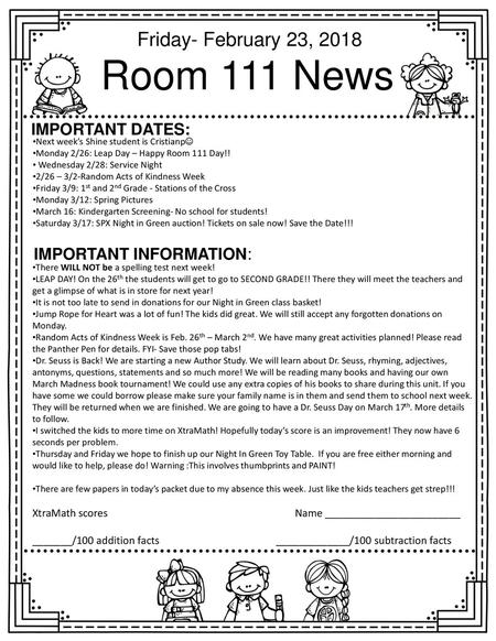 Room 111 News Friday- February 23, 2018 Important dates: