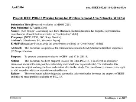 Submission Title: [Proposed resolution to MIMO CES]