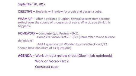 AGENDA – Work on quiz review sheet (Glue in lab notebook)