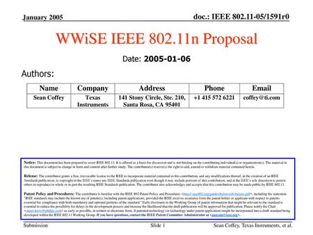 WWiSE IEEE n Proposal Authors: Date: