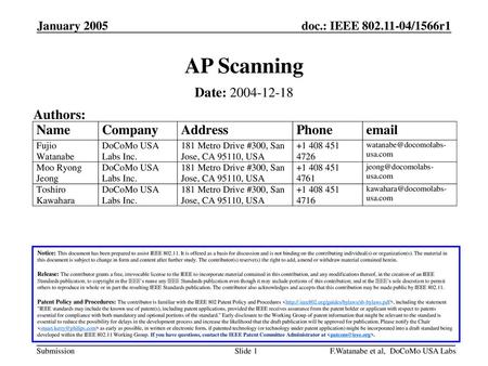 AP Scanning Date: Authors: January 2005 January 2005