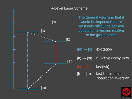 4-Level Laser Scheme The general view was that it would be impossible or at least very difficult to achieve population inversion relative to the ground.