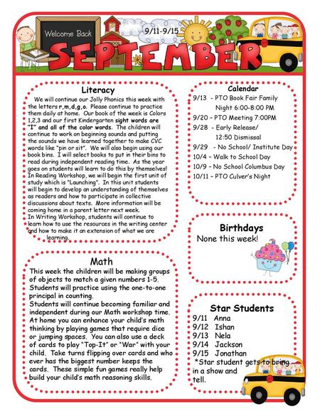 Birthdays Math Star Students Literacy 9/11-9/15 Calendar