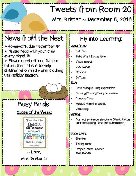 Tweets from Room 20 Busy Birds: News from the Nest: