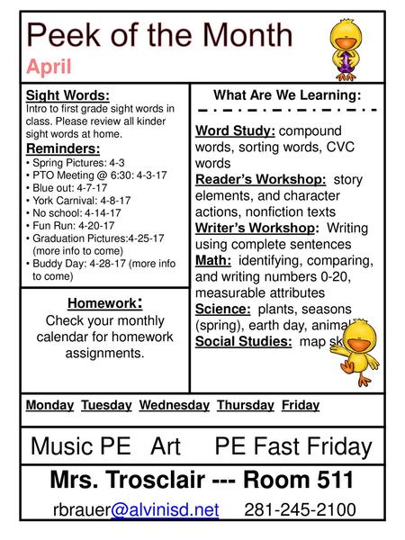 Peek of the Month April Music PE Art PE Fast Friday