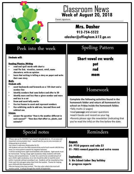 Classroom News Peek into the week Spelling Pattern Homework