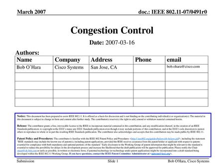 Congestion Control Date: Authors: March 2007 Month Year