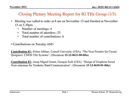 Closing Plenary Meeting Report for IG THz Group (1/3)