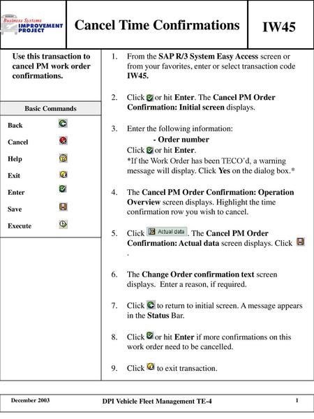 Cancel Time Confirmations DPI Vehicle Fleet Management TE-4