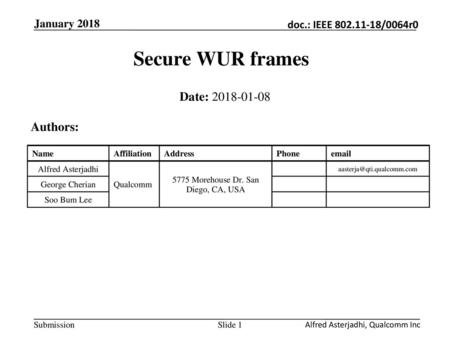 Secure WUR frames Date: Authors: January 2018