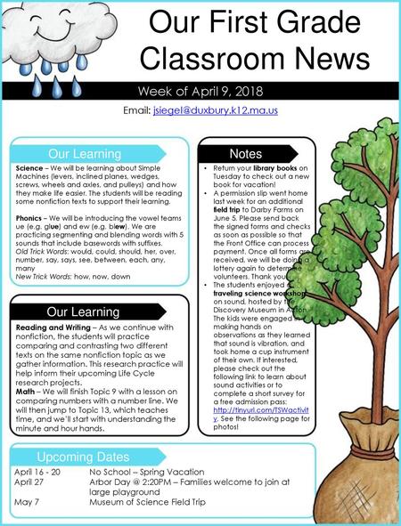 Our First Grade Classroom News Week of April 9, 2018 Our Learning