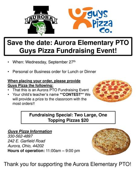 Save the date: Aurora Elementary PTO Guys Pizza Fundraising Event!