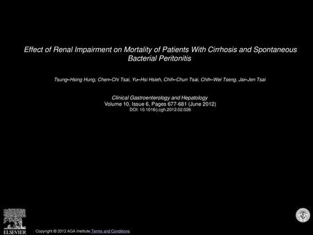 Effect of Renal Impairment on Mortality of Patients With Cirrhosis and Spontaneous Bacterial Peritonitis  Tsung–Hsing Hung, Chen–Chi Tsai, Yu–Hsi Hsieh,