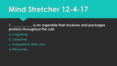 Mind Stretcher 12-4-17 1. ___________ is an organelle that receives and packages proteins throughout the cell. a. Golgi Body b. Lysosomes c. Endoplasmic.