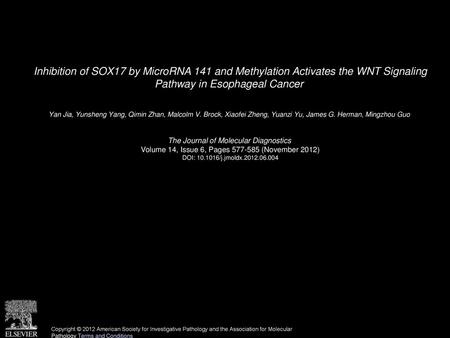 Inhibition of SOX17 by MicroRNA 141 and Methylation Activates the WNT Signaling Pathway in Esophageal Cancer  Yan Jia, Yunsheng Yang, Qimin Zhan, Malcolm.