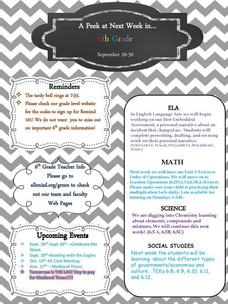 6th Grade A Peek at Next Week in… Reminders Upcoming Events