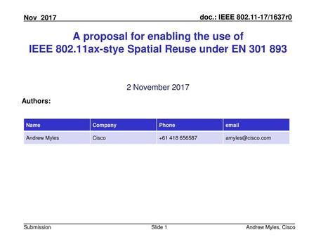 July 2010 doc.: IEEE 802.11-10/0xxxr0 A proposal for enabling the use of IEEE 802.11ax-stye Spatial Reuse under EN 301 893 2 November 2017 Authors: Name.