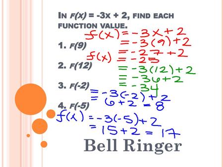 In f(x) = -3x + 2, find each function value. 1. f(9) 2. f(12) 3