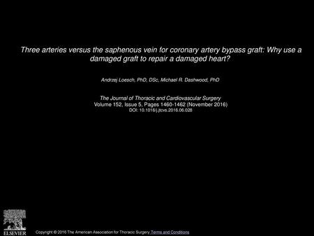 Three arteries versus the saphenous vein for coronary artery bypass graft: Why use a damaged graft to repair a damaged heart?  Andrzej Loesch, PhD, DSc,