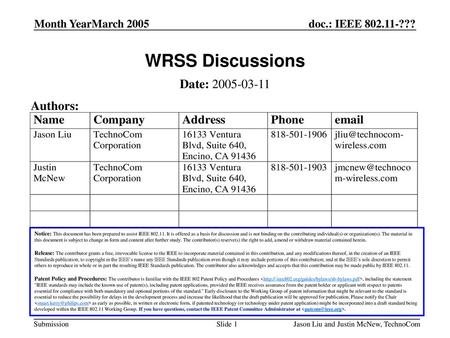 WRSS Discussions Date: Authors: Month YearMarch 2005