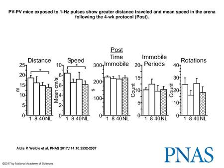 PV-PV mice exposed to 1-Hz pulses show greater distance traveled and mean speed in the arena following the 4-wk protocol (Post). PV-PV mice exposed to.