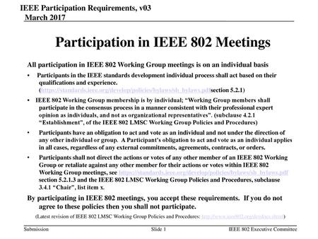 Participation in IEEE 802 Meetings