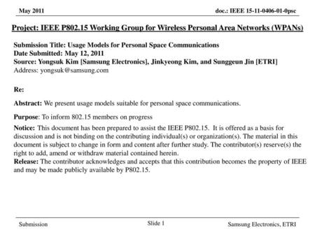 Submission Title: Usage Models for Personal Space Communications