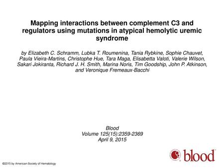 Mapping interactions between complement C3 and regulators using mutations in atypical hemolytic uremic syndrome by Elizabeth C. Schramm, Lubka T. Roumenina,