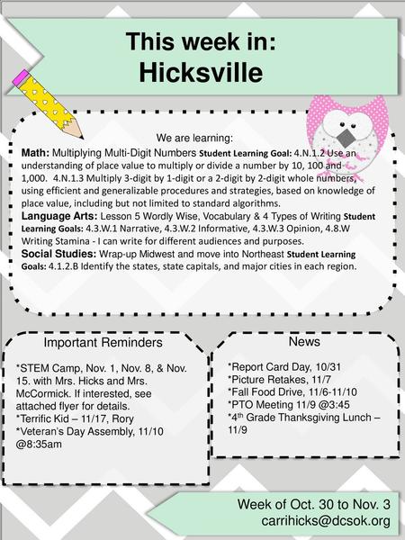 Hicksville This week in: We are learning: Week of Oct. 30 to Nov. 3