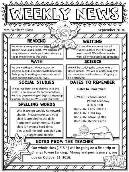 Mrs. Walker’s Class September 26-30