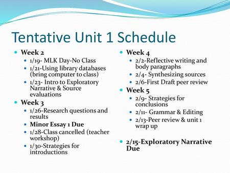 Tentative Unit 1 Schedule