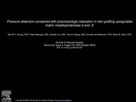 Pressure distention compared with pharmacologic relaxation in vein grafting upregulates matrix metalloproteinase-2 and -9  Ada W.Y. Chung, PhD, Pooja.