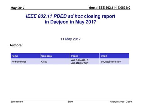 IEEE PDED ad hoc closing report in Daejeon in May 2017